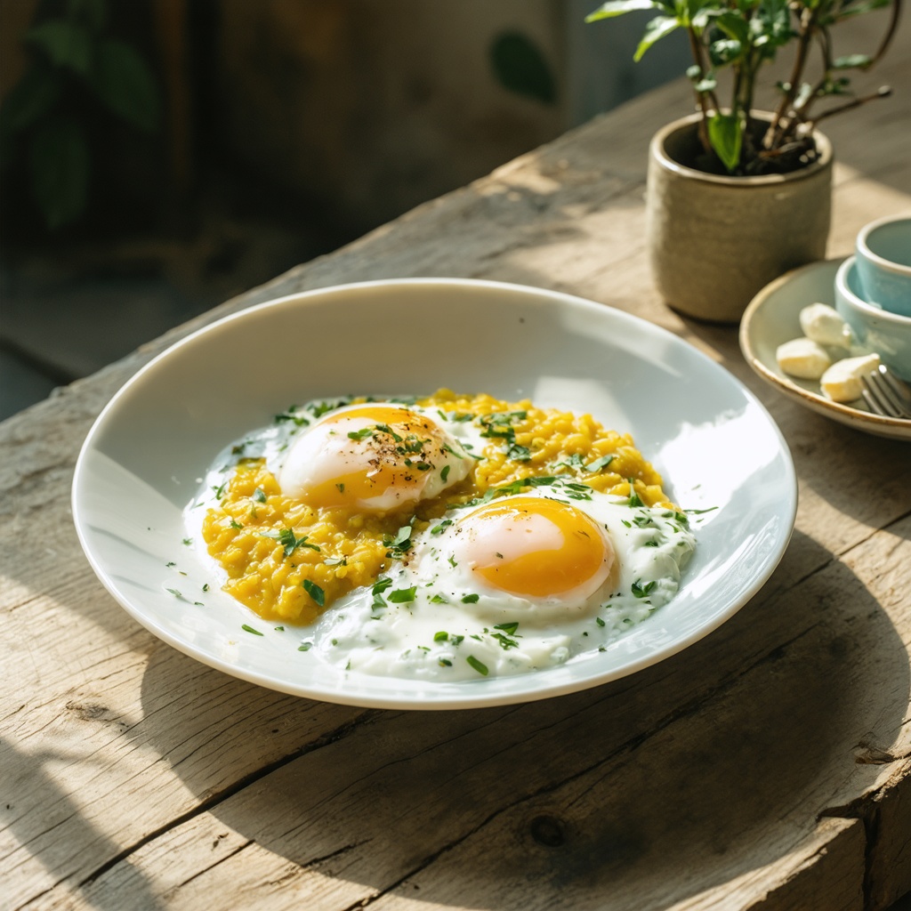 Dhal poached eggs with herby raita recipe